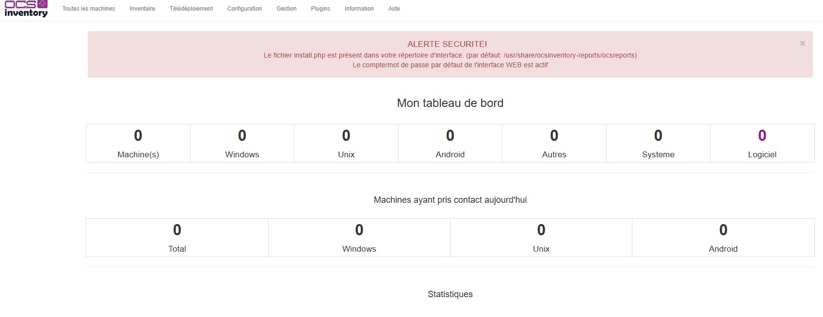 Tableau de bord OCS avec alertes sécurité