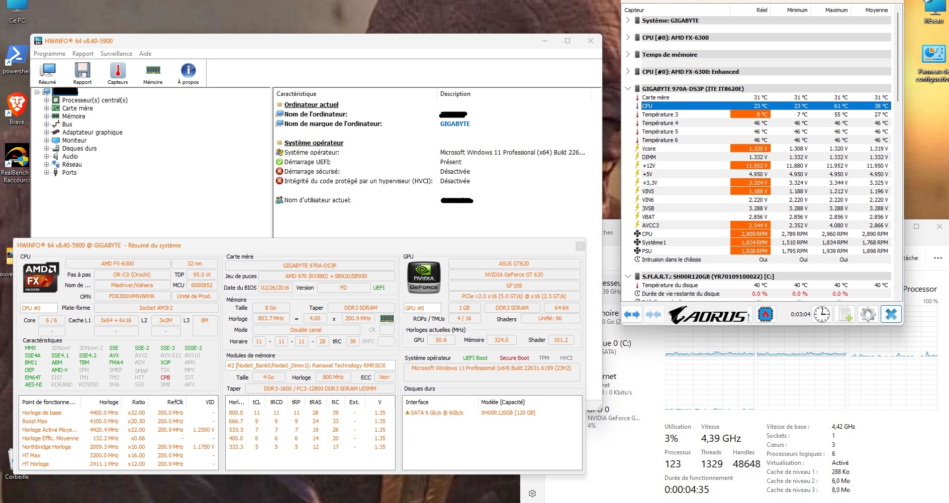 HWiNFO — 23°C en idle à 4.4GHz avec Peltier 3×90mm