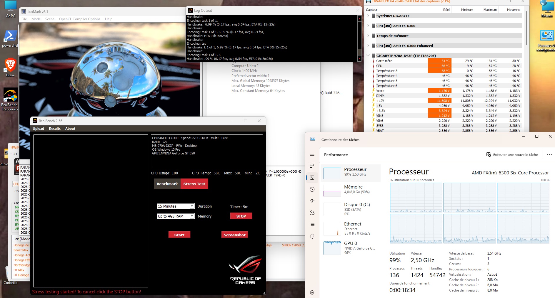 RealBench — 58°C à 2.5GHz avec Peltier, le seul run stable