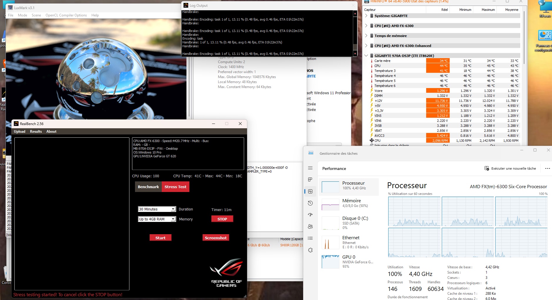 RealBench sous charge — 44°C max à 4.4GHz sans Peltier