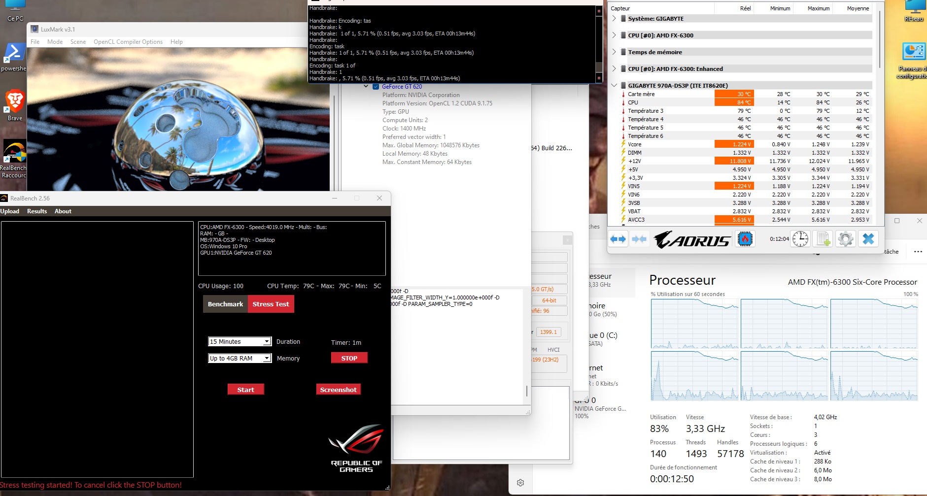 RealBench — 84°C à 4.0GHz avec Peltier, throttling visible dans le Task Manager