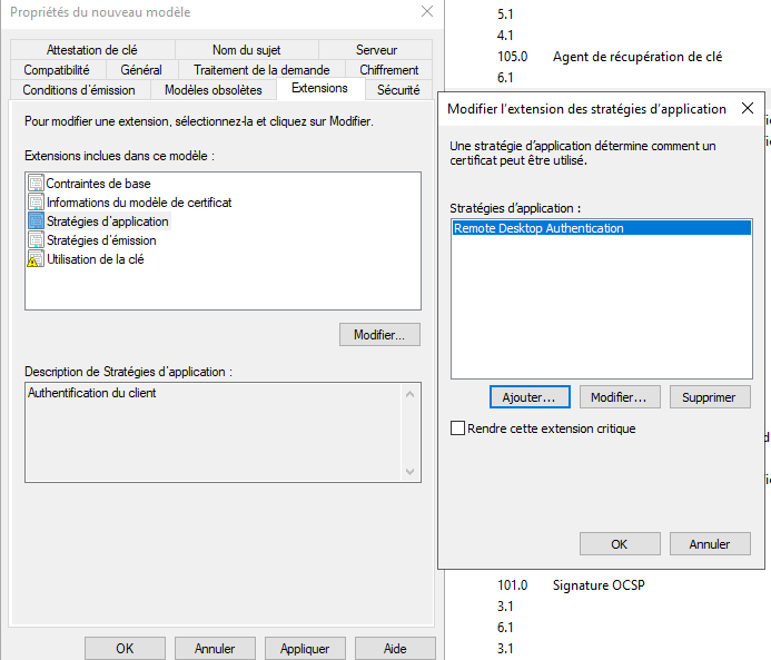 Onglet Extensions : ajout de la stratégie d&rsquo;application Remote Desktop Authentication