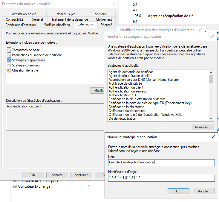 ADSI Edit — un template de certificat RDP dupliqué par domaine (Losthighway-RDP-Workstation, Losthighway-RDP-Server, Fondation-RDP-Server)