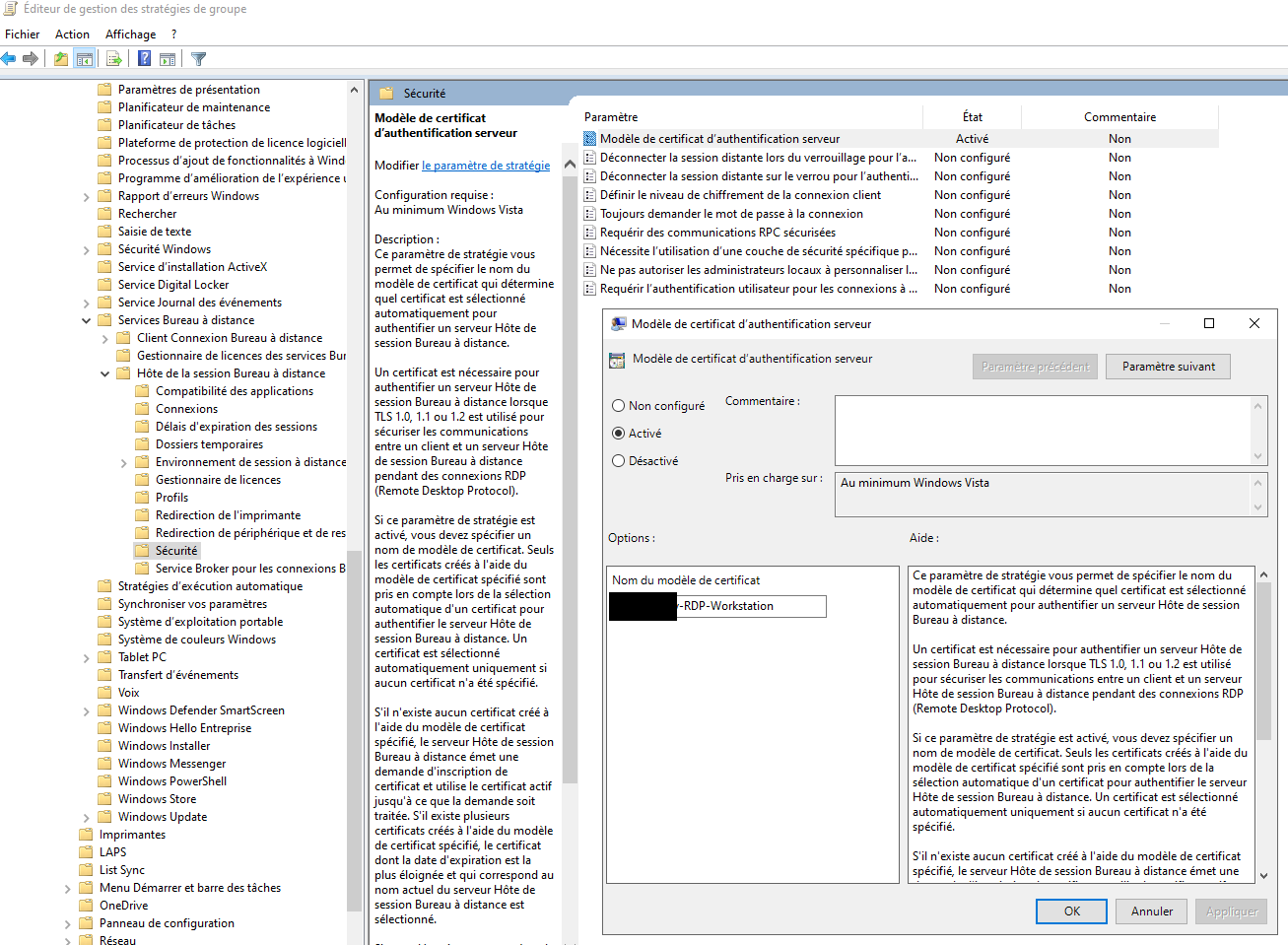 GPO &ldquo;Modèle de certificat d&rsquo;authentification serveur&rdquo; pointant vers le template Losthighway-RDP-Workstation