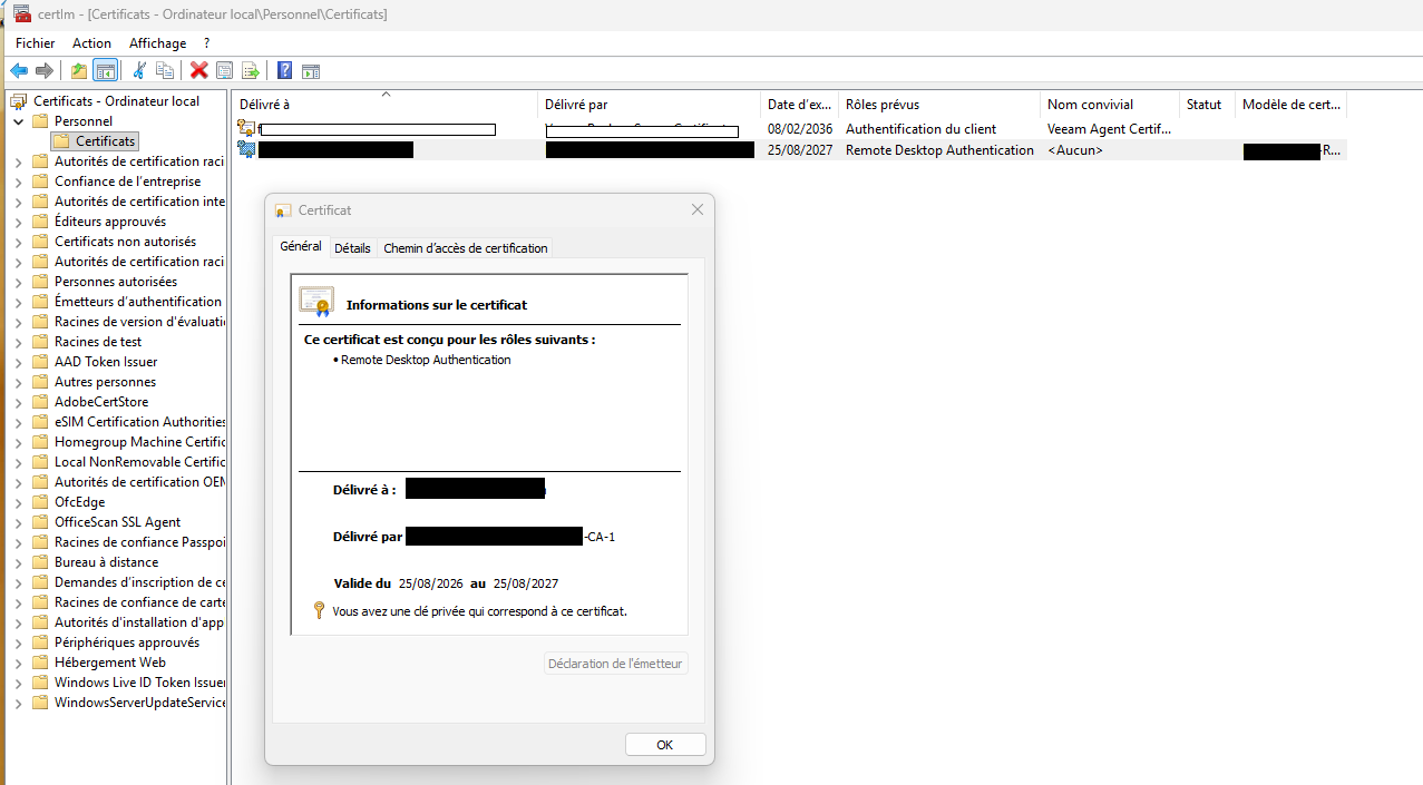 Certificat émis dans le magasin machine — rôle &ldquo;Remote Desktop Authentication&rdquo;, modèle Losthighway-RDP-Workstation