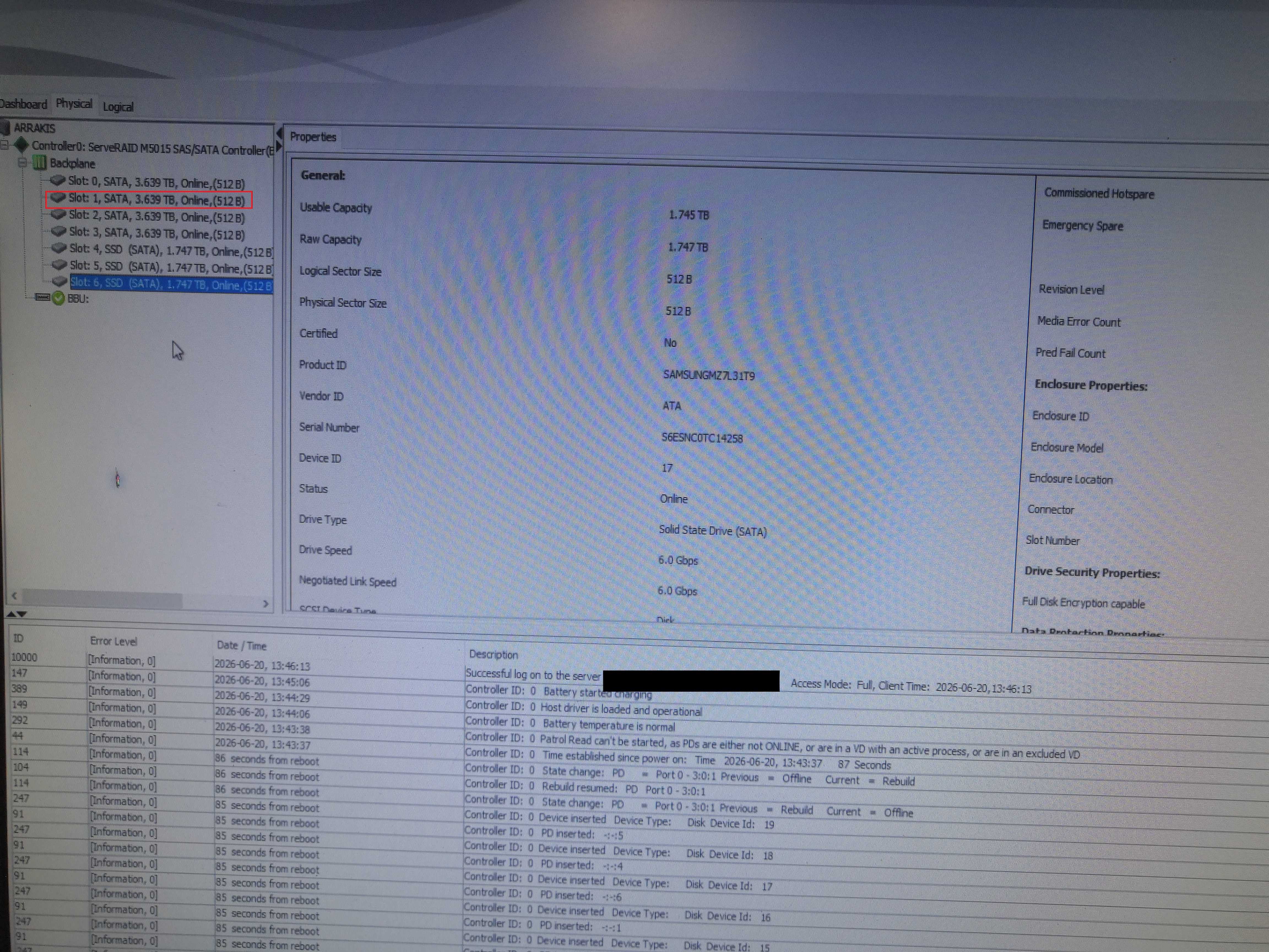 StorageManager - disque Slot 1 offline, log événements rebuild