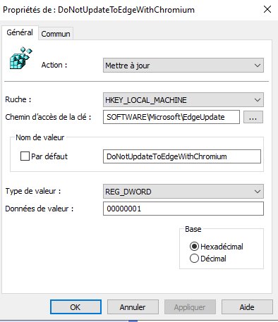 DoNotUpdateToEdgeWithChromium = 1 — EdgeUpdate ne mettra plus Edge à jour automatiquement.