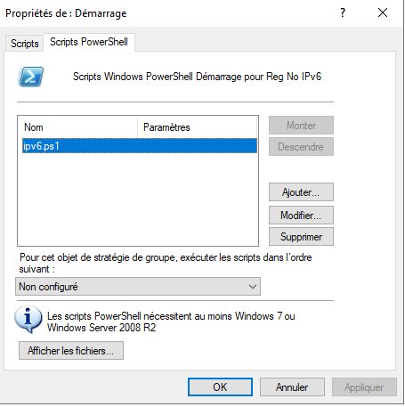 Le script ipv6.ps1 déclaré en startup PowerShell dans la GPO.