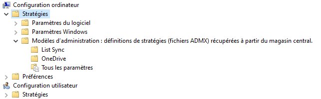 La GPMC affiche &ldquo;récupérées à partir du magasin central&rdquo; — les nœuds OneDrive et List Sync sont correctement chargés.