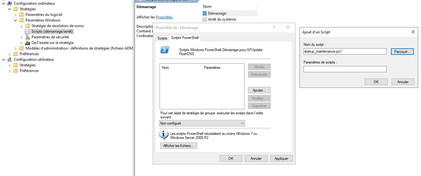 Ajout du script startup_maintenance.ps1 en script PowerShell de démarrage.